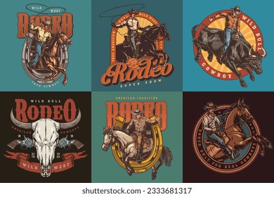 Rodeo culture set posters colorful with male riders participating in race or hunting competition near wild west slogans vector illustration