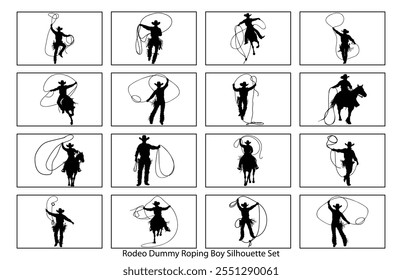 Rodeo Dummy Roping Boy Silhouette, Cowboy silhouette with rope lasso on horse illustration isolated on white background for rodeo western design
