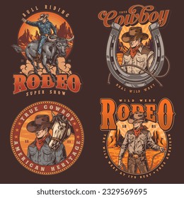 Rodeo event colorful set flyers with men in cowboy clothes standing near horse or riding wild bull vector illustration