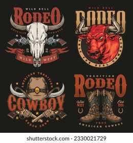 Rodeo event colorful set posters with bull head and revolvers or cowboy clothes for sports festival participation vector illustration