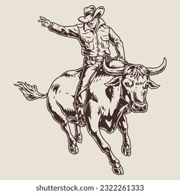 Rodeo event vintage label monochrome with Texas guy driving angry bull to entertain public and win competition vector illustration