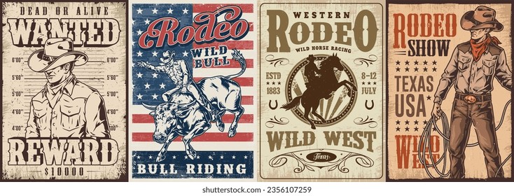 Rodeo events colorful set flyers cowboys holding lasso or riding horse and bull for western party invitation design vector illustration