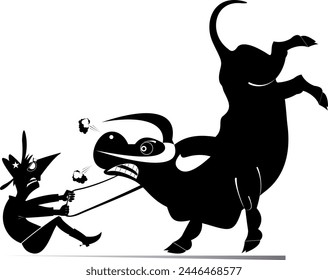 Rodeo. Farmer or cowboy. Angry bull. 
Farmer or cowboy trying to hold an angry bull. Black and white illustration

