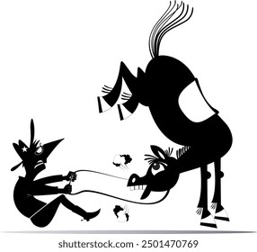 Rodeo. Farmer or cowboy. Angry horse. 
Farmer or cowboy trying to hold an angry horse. Black and white illustration
