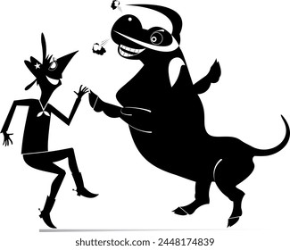 Rodeo. Farmer or cowboy dancing with a bull. 
Cartoon farmer or cowboy dancing with a bull. Black and white illustration 
