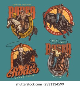 Rodeo festival set flyers colorful with brave guys riding wild bulls and horses for extreme competitions vector illustration