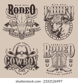 Rodeo festival set stickers monochrome with brave man hat and boots and wild bulls for Texas ranch design vector illustration