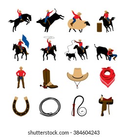 Rodeo flat color icons with rodeo cowboys riding on bulls and bronco isolated vector illustration   