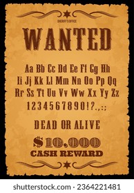 Fuente de rodeo, tipo Wild West, tipo de letra occidental, alfabeto inglés vintage, tipografía vectorial. Viejas cartas y números de vaqueros de Texas. Se busca afiche de tipo abc fijado en fondo de fondo con estrellas del sheriff