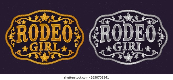 Rodeio Menina cinto fivela Label Cowboy touro cavaleiro detalhes florais Cowgirl Rústico Decoração estilo emblema vetor design