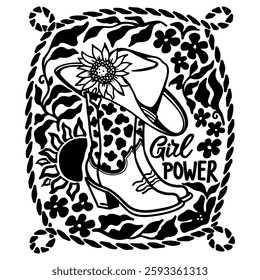 Rodeo Girl Power Vector Clipart with Cowboy Boots, Hat, and Floral Lasso Frame