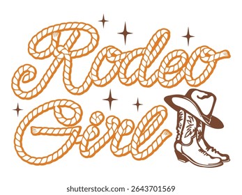 Rodeo Girl Rope texto vetor imprimível ilustração isolada em branco para design. Tipografia vintage Texto da corda do caubói com botts ocidentais e laço Lettering
