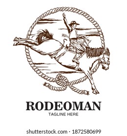 Rodeo Guy Wih Rope And Horse In Hand Drawn Style, Perfect For Tshirt Design, Rodeo Event Logo