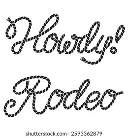 Rodeo Howdy lasso text vector clipart with rope design. Cowboy rodeo text isolated on white background