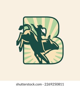 Rodeo letter B logo design with cowboy riding a bull.