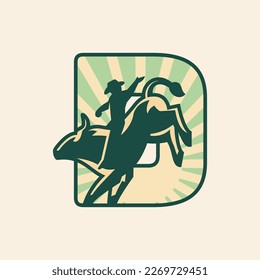 Rodeo letter D logo design with cowboy riding a bull.