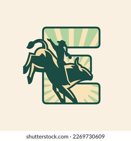 Rodeo letter E logo design with cowboy riding a bull.