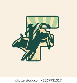 Rodeo letter F logo design with cowboy riding a bull.