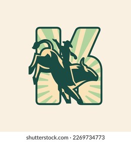 Rodeo letter K logo design with cowboy riding a bull.