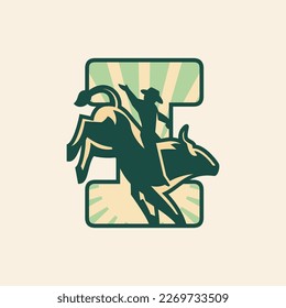 Rodeo letter I logo design with cowboy riding a bull.