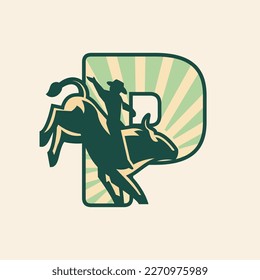 Rodeo letter P logo design with cowboy riding a bull.