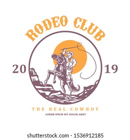 Rodeo logo illustration with cowboy riding horse, 10 eps