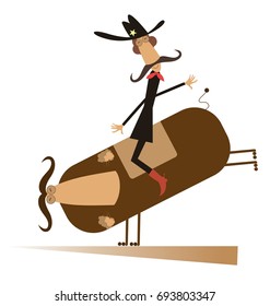 Rodeo, man and bull isolated. Man or cowboy with long mustache is riding on the bull isolated

