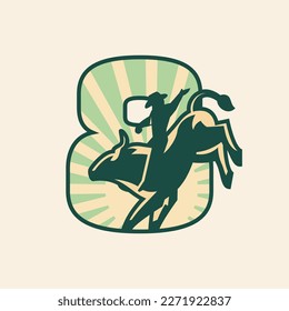 Rodeo number 8 icon design with cowboy riding a bull. Vector illustration