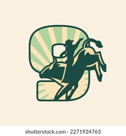 Diseño de ícono de Rodeo número 9 con vaquero montando un toro. Ilustración del vector