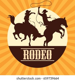 rodeo poster with cowboy and cowgirl silhouettes riding on wild horse and bull. vector illustration