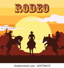 rodeo poster with cowboy and cowgirl silhouettes riding on wild horse and bull. vector illustration