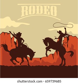 rodeo poster with cowboy and cowgirl silhouettes riding on wild horse and bull. vector illustration