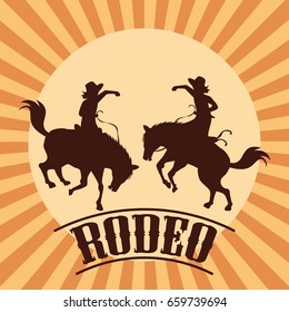 rodeo poster with cowboy and cowgirl silhouettes riding on wild horse and bull. vector illustration