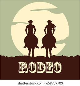 rodeo poster with cowboy and cowgirl silhouettes riding on wild horse and bull. vector illustration