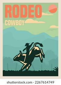 Afiche de rodeo con vaquero montando un toro. Ilustración vectorial.
