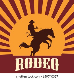 rodeo poster with cowboy silhouette riding on wild horse and bull. vector illustration