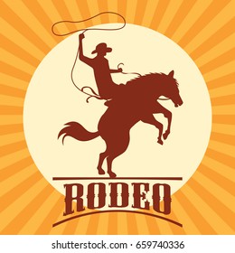 rodeo poster with cowboy silhouette riding on wild horse and bull. vector illustration