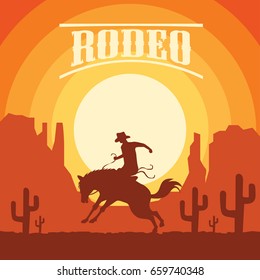 rodeo poster with cowboy silhouette riding on wild horse and bull. vector illustration