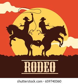 rodeo poster with cowboy silhouette riding on wild horse and bull. vector illustration