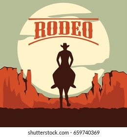 rodeo poster with cowboy silhouette riding on wild horse and bull. vector illustration