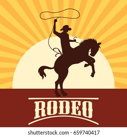 rodeo poster with cowboy silhouette riding on wild horse and bull. vector illustration