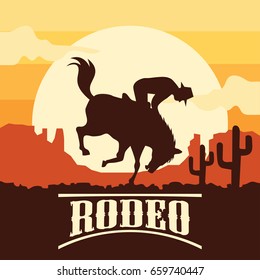 rodeo poster with cowboy silhouette riding on wild horse and bull. vector illustration