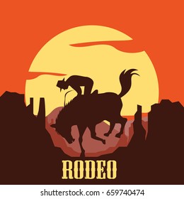 rodeo poster with cowboy silhouette riding on wild horse and bull. vector illustration