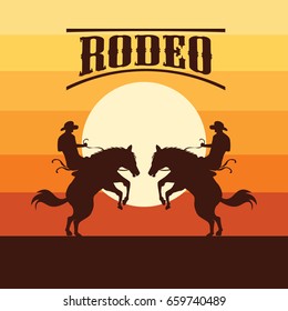 rodeo poster with cowboy silhouette riding on wild horse and bull. vector illustration