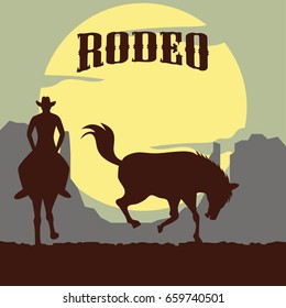 rodeo poster with cowboy silhouette riding on wild horse and bull. vector illustration