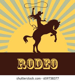 rodeo poster with cowgirl silhouette riding on wild horse and bull. vector illustration