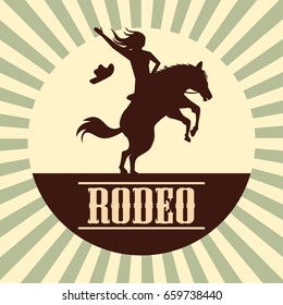 rodeo poster with cowgirl silhouette riding on wild horse and bull. vector illustration