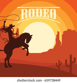 rodeo poster with cowgirl silhouette riding on wild horse and bull. vector illustration