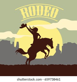 Rodeo Poster With Cowgirl Silhouette Riding On Wild Horse And Bull. Vector Illustration