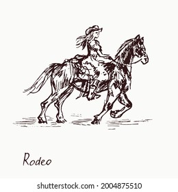 Rodeo queen on horse,  woodcutstyle ink drawing illustration with inscription